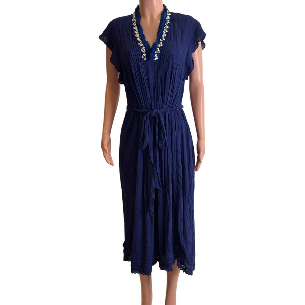 Poupette St. Barth Sasha Midi Dress Sz S Royal Blue Shell Trim Collar Tie Waist